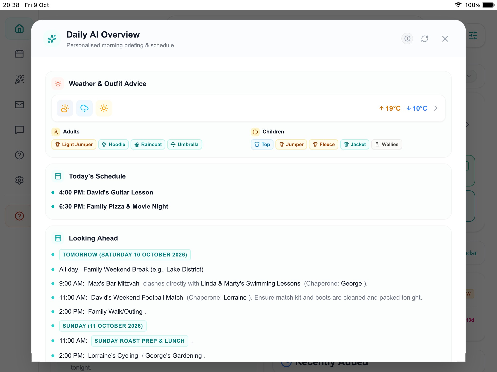 Daily AI Overview morning briefing on kitchen iPad